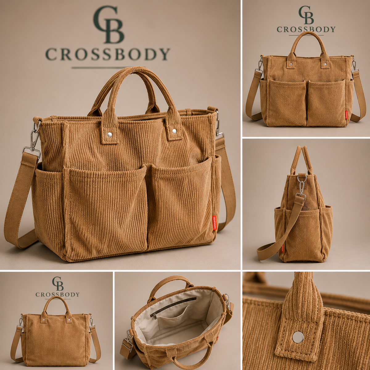 Multi-Pocket Corduroy Tote Bag
