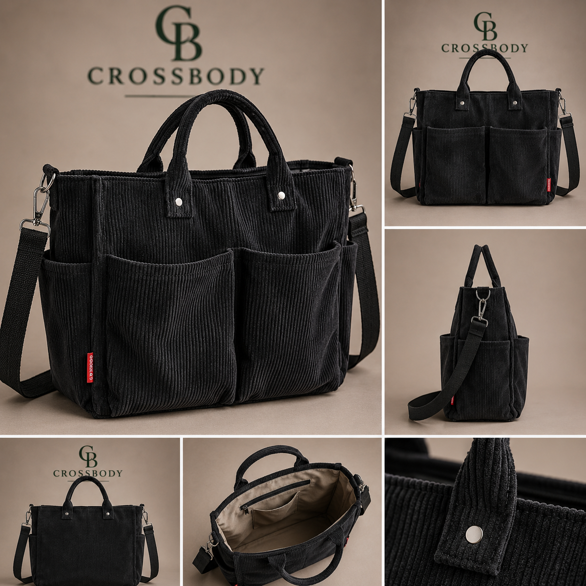 Multi-Pocket Corduroy Tote Bag