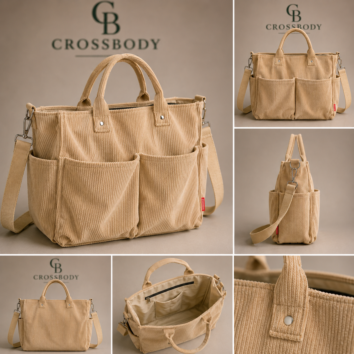Multi-Pocket Corduroy Tote Bag