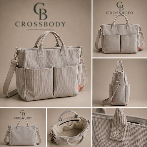 Multi-Pocket Corduroy Tote Bag
