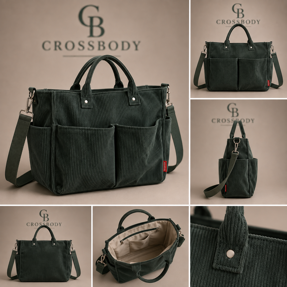 Multi-Pocket Corduroy Tote Bag