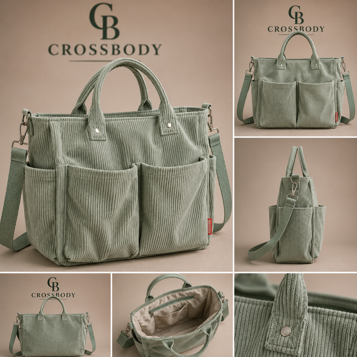 Multi-Pocket Corduroy Tote Bag